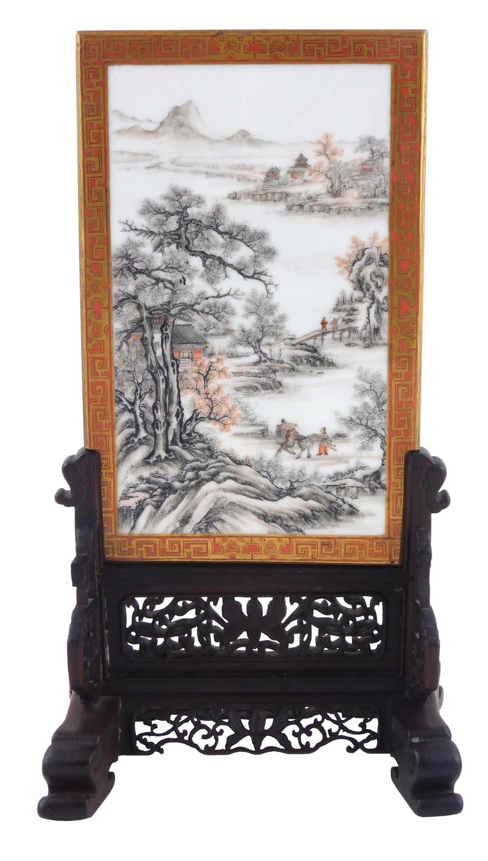 Appraisal: ASIAN Chinese hand painted porcelain double sided table screen Qing