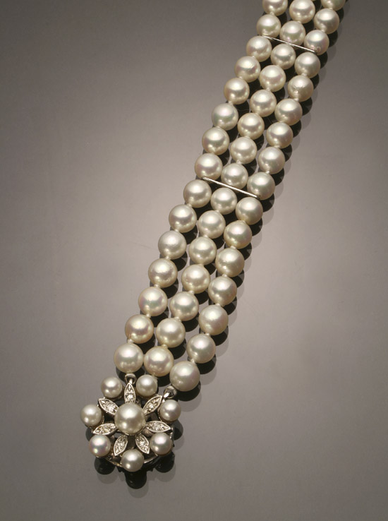 Appraisal: Cultured Pearl and Diamond Bracelet The triple strand having seventy-eight