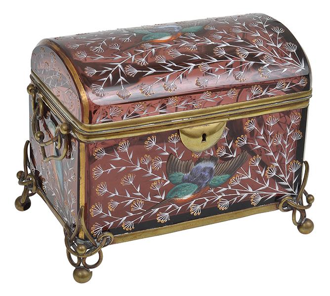 Appraisal: A MOSER BOHEMIAN RUBY GLASS JEWELLERY CASKET CIRCA handpainted with