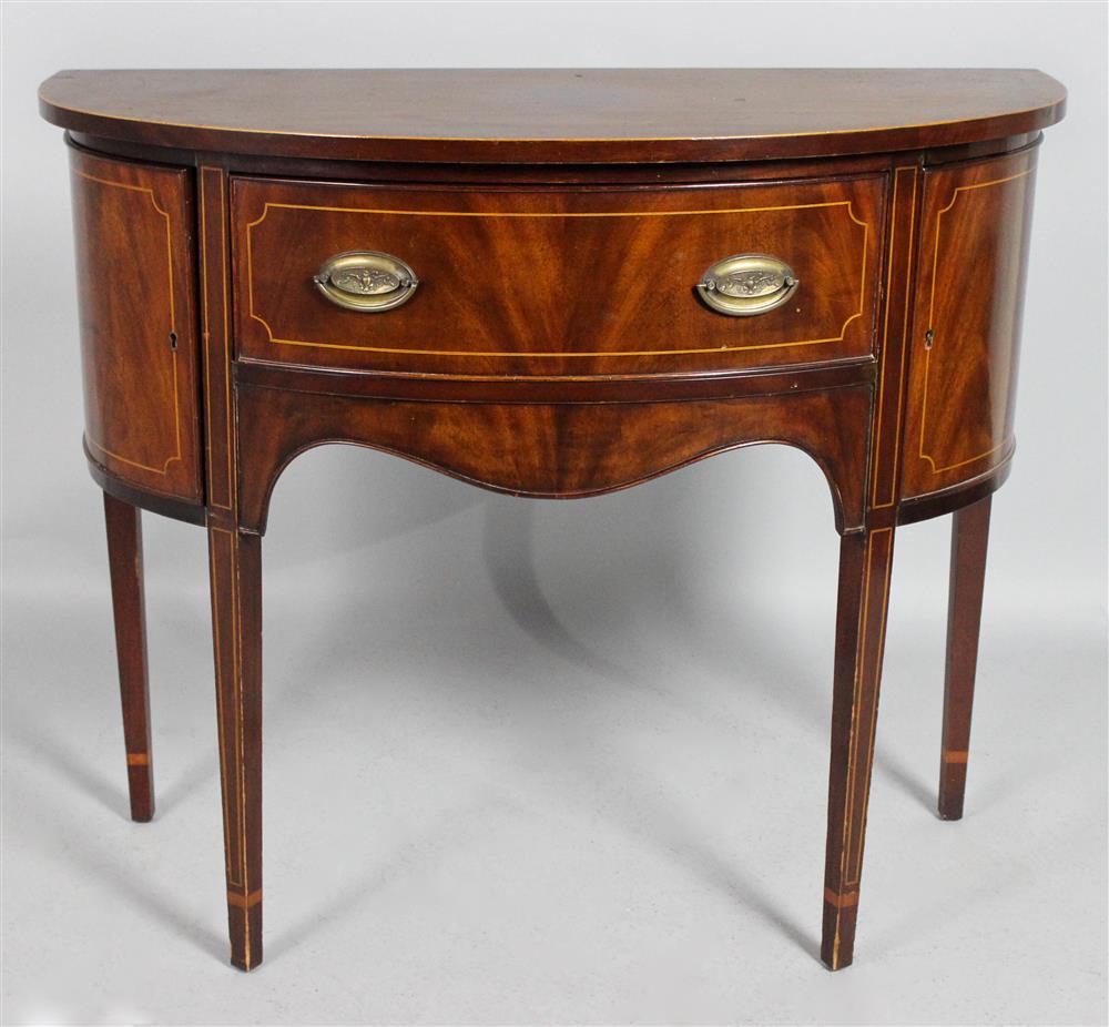 Appraisal: GEORGE III STYLE INLAID MAHOGANY DEMILUNE SERVER having a demilune