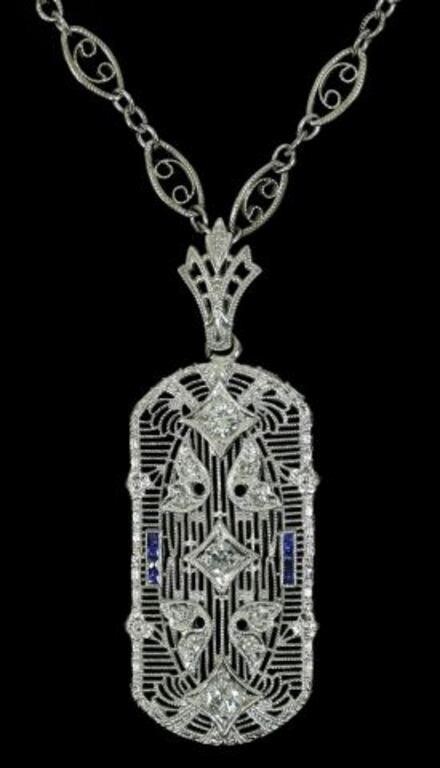 Appraisal: Estate Art Deco style kt white gold pendant necklace milgrain