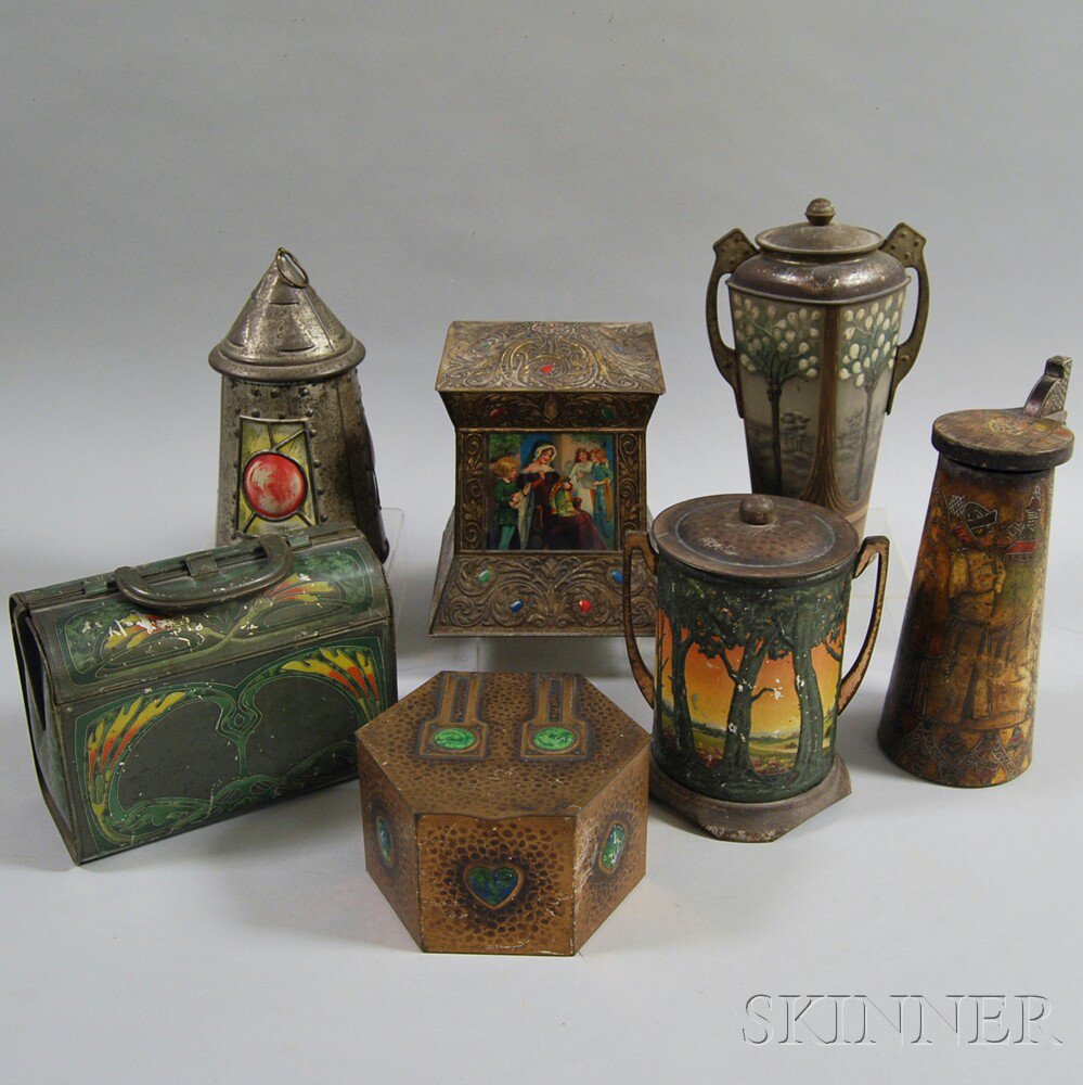 Appraisal: Seven Mostly Art Nouveau Biscuit Tins including a George Bassett