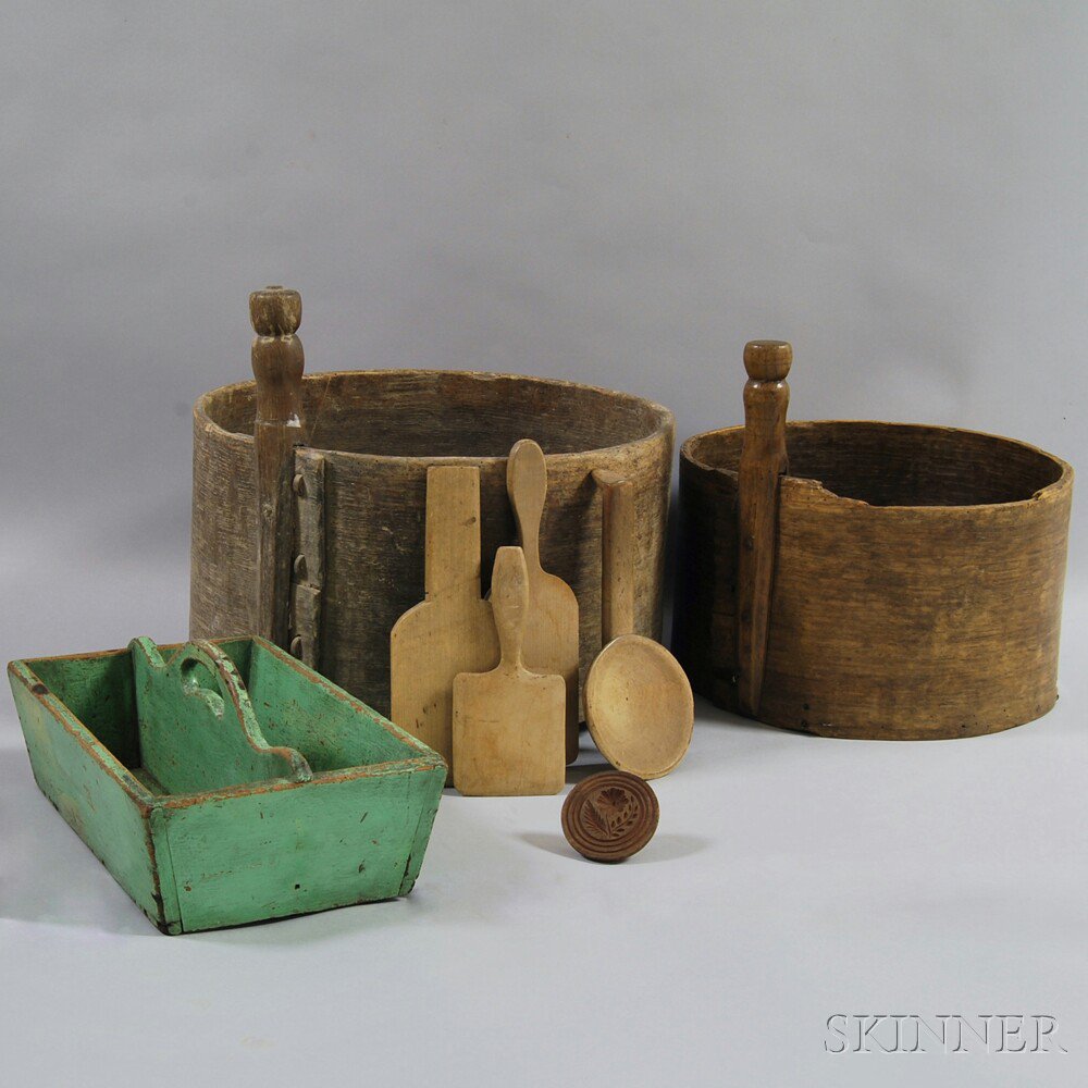 Appraisal: Group of Wood Domestic Items th century two grain measures