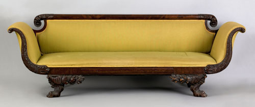 Appraisal: New York classical mahogany sofa ca with dolphin form arms