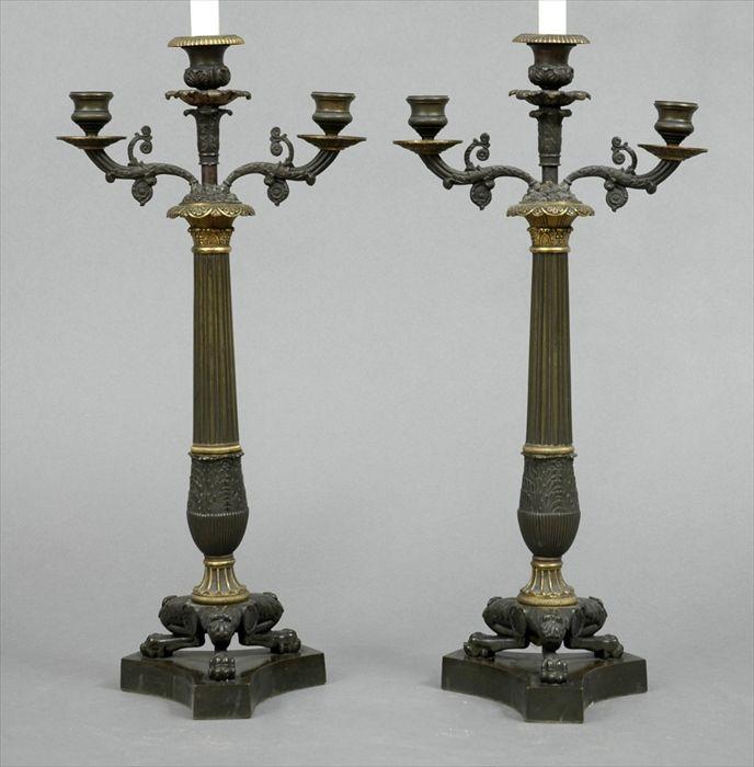 Appraisal: Pair of Empire-Style Gilt and Patinated-Metal Three-Light Candelabra Mounted As