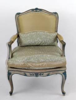 Appraisal: French Louis XV style painted armchair with silk upholstery h