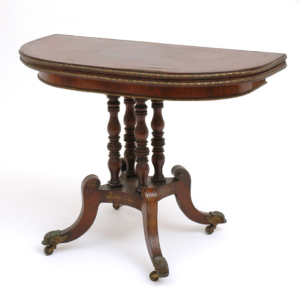 Appraisal: A REGENCY BRASS INLAID ROSEWOOD FOLD OVER TEA TABLE The