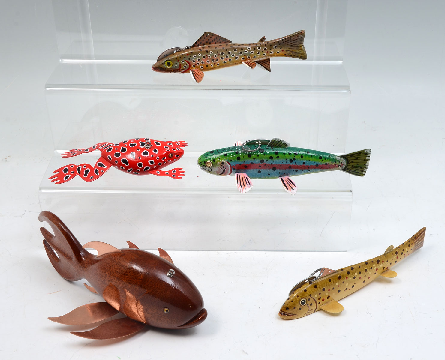 Appraisal: FIVE HAND-CARVED AND PAINTED FISH DECOYS To Include Rainbow Trout