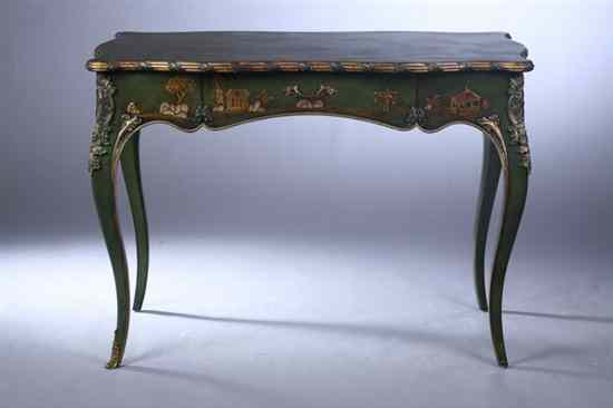 Appraisal: LOUIS XV STYLE GREEN-JAPANNED WRITING TABLE by Maitland-Smith Serpentine top