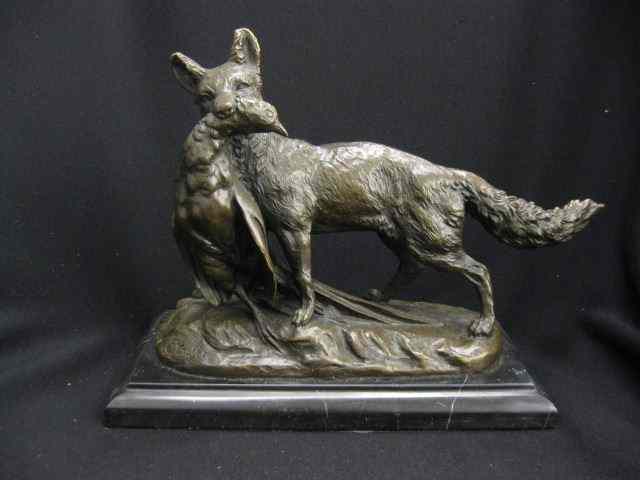 Appraisal: Bronze Statue of Retrieverwith gamebird signed black marble base ''