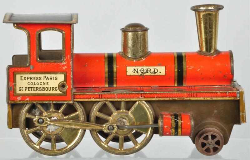 Appraisal: Tin Litho Steam-Type Locomotive French Train engine pulls biscuit tin