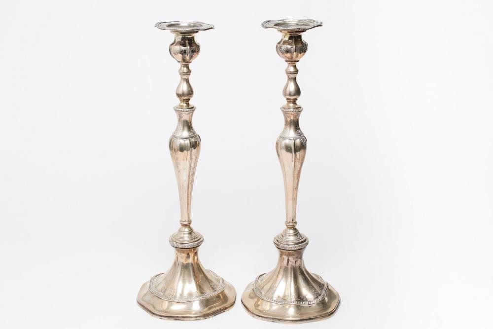 Appraisal: Portuguese Silver Candlesticks Tall Pair Portuguese candlesticks in -silver the