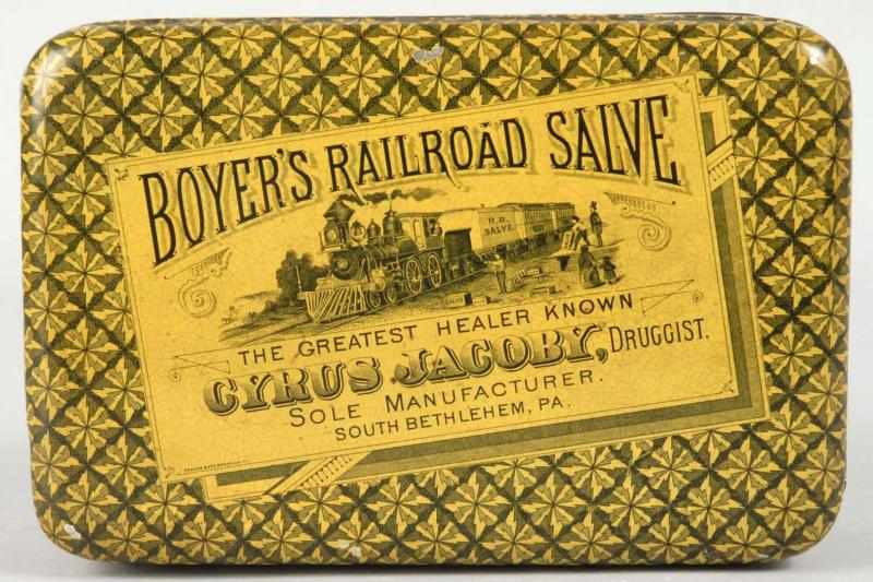 Appraisal: Boyer's Railroad Druggist Advertising Tin Description Beautiful image of early