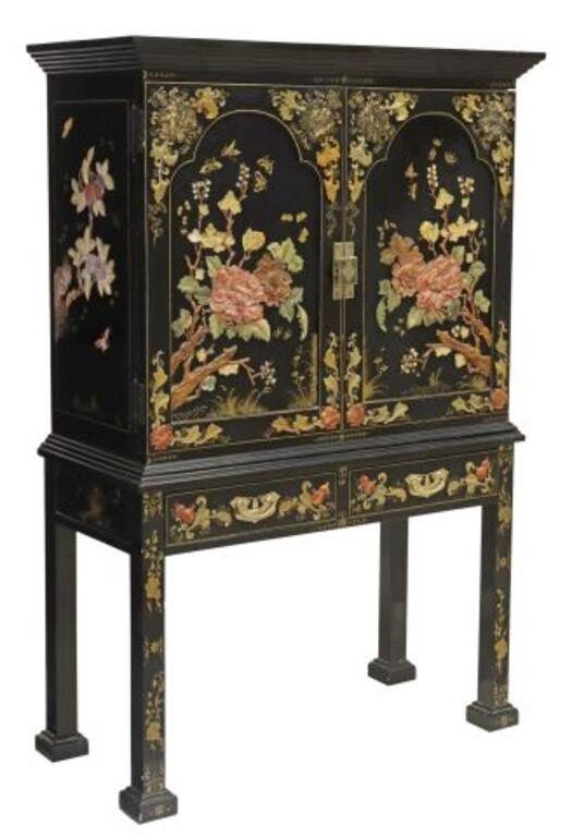 Appraisal: Chinese stone-mounted lacquer cabinet on stand th c two doors