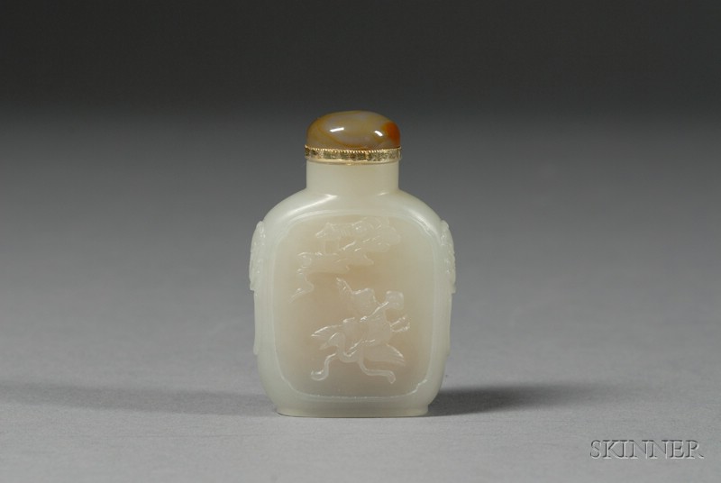 Appraisal: Gray Jade Snuff Bottle surface carved in relief with scenes