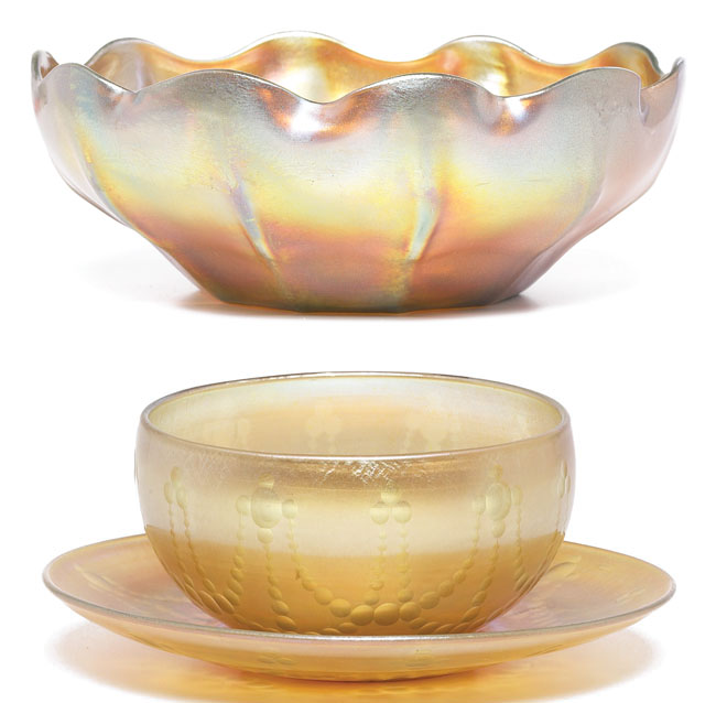 Appraisal: L C Tiffany bowl and under plate gold favrile glass