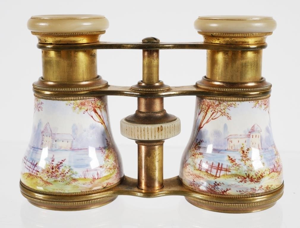 Appraisal: French opera glasses with handpainted courting scenes Approx x Optics