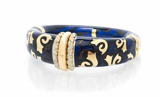 Appraisal: An Karat Yellow Gold Polychrome Enamel and Diamond Hinged Bangle