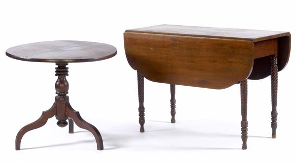 Appraisal: MAHOGANY TABLES Turned leg mahogany drop-leaf table together with a