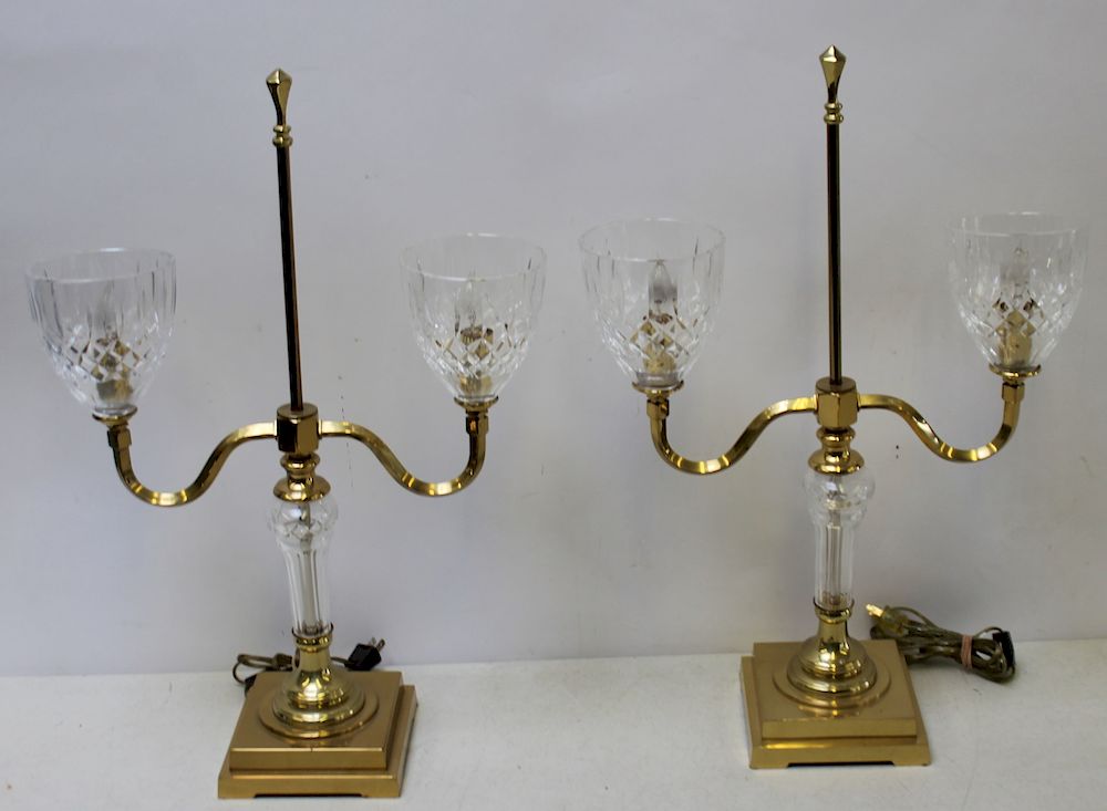 Appraisal: WATERFORD Pair of Cut Glass And Brass Hurricane Lamps From