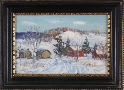 Appraisal: Miniature winter landscape with church oil on board x SLL