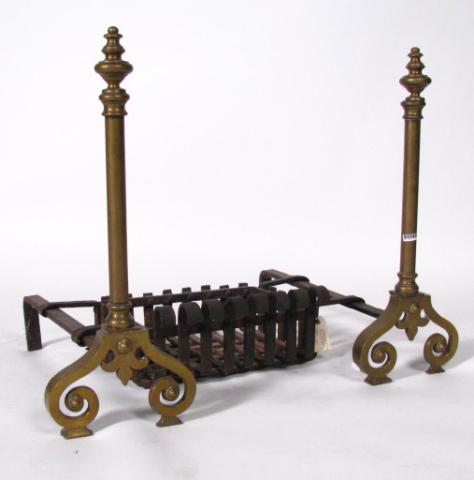 Appraisal: Antique three-piece brass andiron set with hand forged iron insert