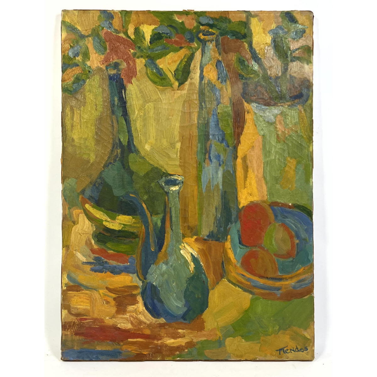 Appraisal: MENDES Modernist Still Life Painting Wine Decanter and Fruit Bowl