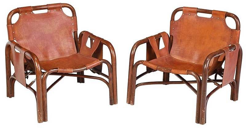 Appraisal: Pair Italian Leather and Bamboo Lounge Chairs mid th century