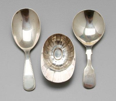 Appraisal: Three English silver caddy spoons feather-edge handle marks for Birmingham