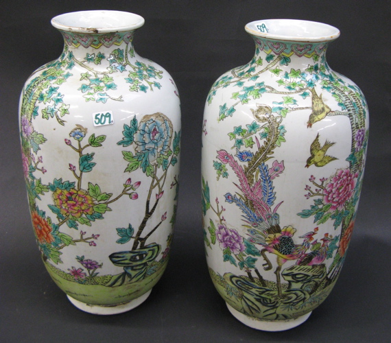 Appraisal: PAIR CHINESE HAND ENAMELED VASES colorful birds and flowers on