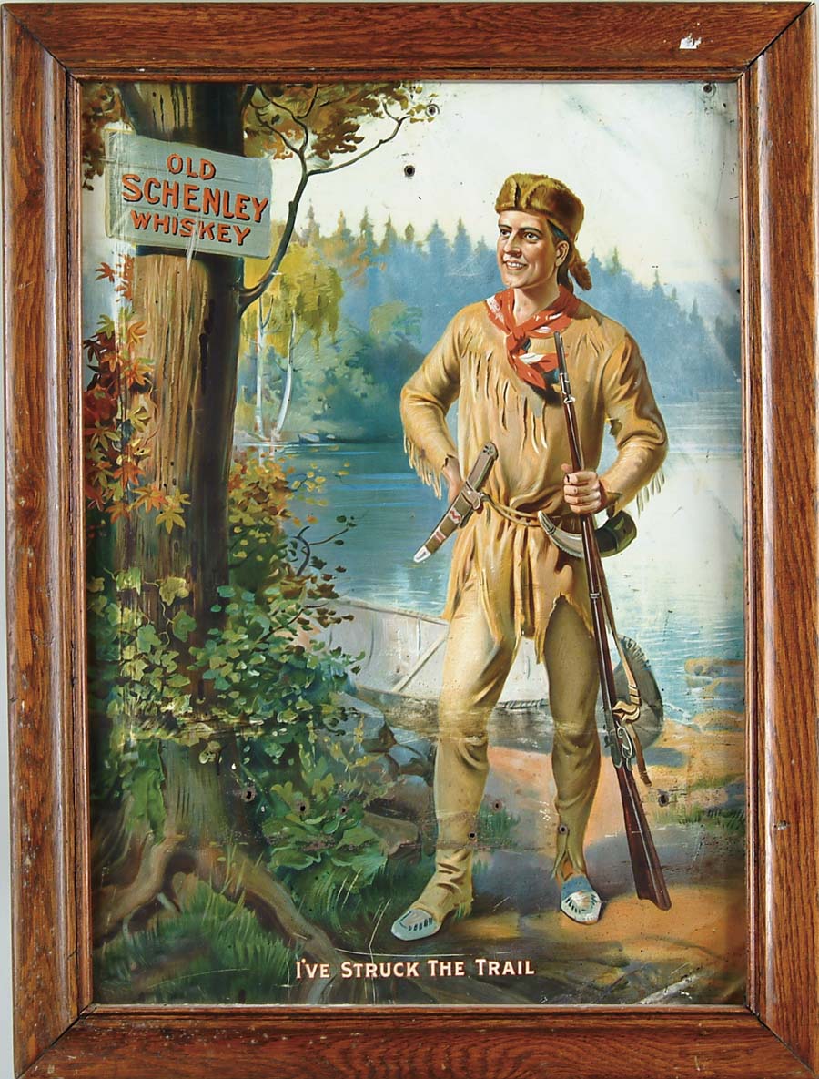 Appraisal: OLD SCHENLEY WHISKEY TIN SIGN Buckskin-clad Daniel Boone-type character adorns