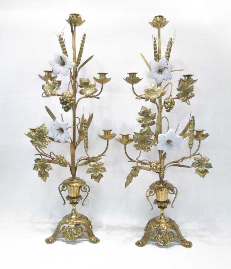 Appraisal: PAIR OF FIVE-LIGHT GILT BRASS CANDELABRA with grape and vine