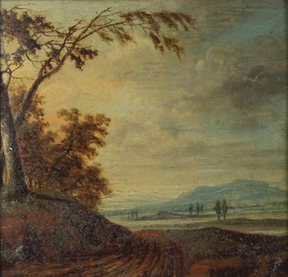 Appraisal: EUROPEAN SCHOOL TH CENTURY LANDSCAPE Oil on zinc x in