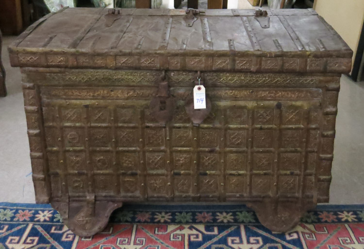 Appraisal: INDIAN DOWRY CHEST PATERA an iron bound teak wheeled chest