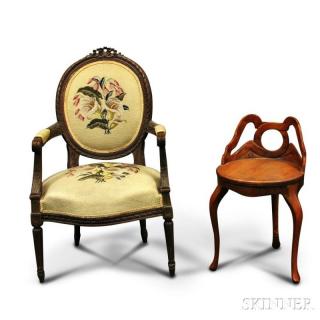 Appraisal: Louis XVI-style Needlepoint-upholstered Carved Fauteuil and an Oak Stool ht