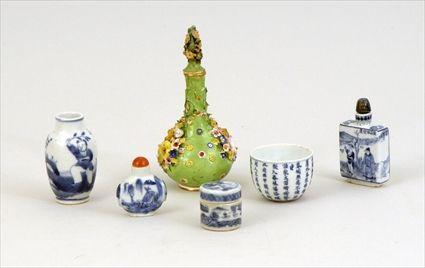 Appraisal: Five Chinese Blue and White Porcelain Articles Including two snuff