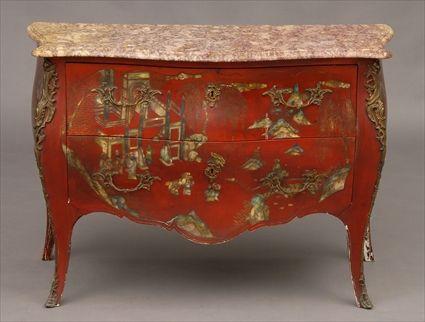 Appraisal: LOUIS XV-STYLE RED LACQUER BOMB COMMODE The serpentine-fronted sarrincolin marble