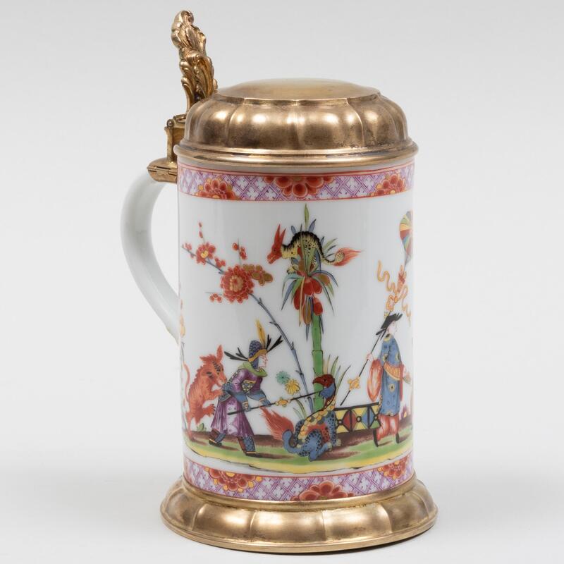 Appraisal: Meissen Style Gilt-Metal-Mounted Porcelain Tankard Decorated in the Asian Taste