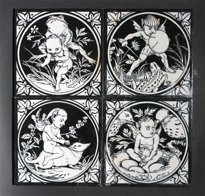 Appraisal: Four Minton aesthetic tiles printed in black with elves impressed