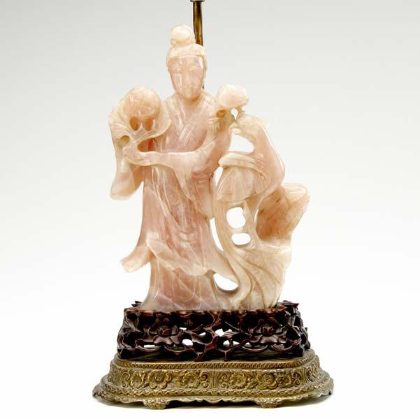 Appraisal: CHINESE ROSE QUARTZ LAMP Carved with a woman and a