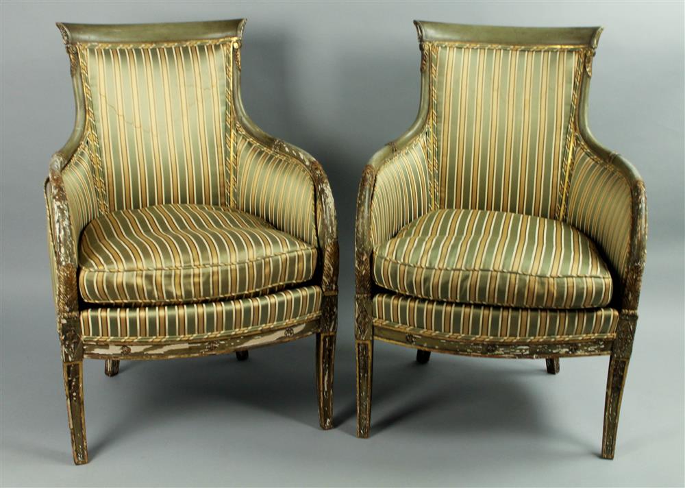 Appraisal: PAIR OF LATE TH C FRENCH EMPIRE STYLE CELADON PAINTED