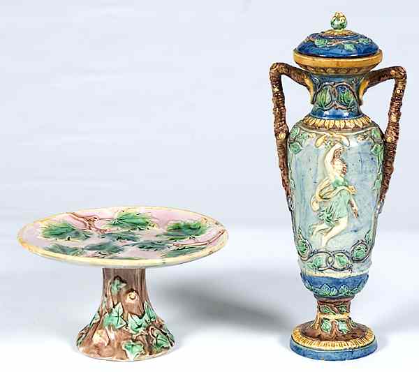 Appraisal: Majolica Cake Stand and Lidded Vase Continental a polychrome Majolica