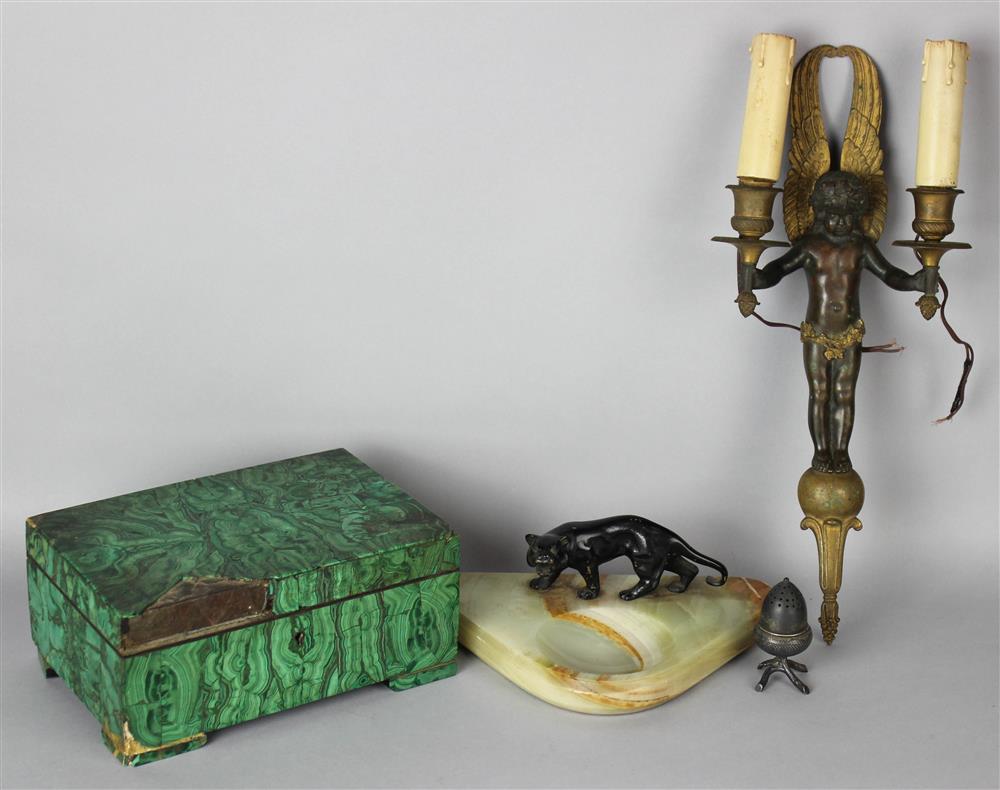 Appraisal: A MALACHITE BOX PARCEL GILT BRONZE EMPIRE STYLE WALL LIGHT