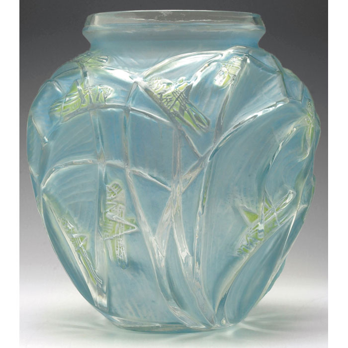 Appraisal: Rene Lalique Sauterelles vase bulbous form in blue frosted glass