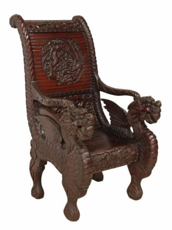 Appraisal: Japanese carved hardwood dragon chair th c scrolled dragon tail