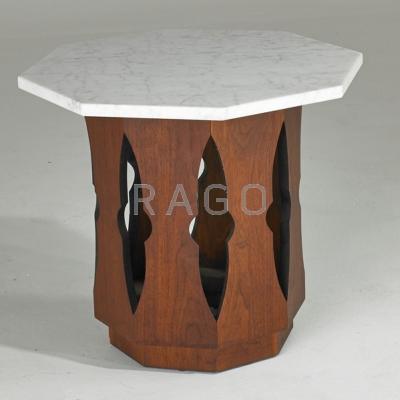 Appraisal: HARVEY PROBBER Occasional table USA s Walnut and marble Unmarked