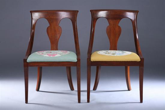 Appraisal: SET FOUR MAHOGANY KLISMOS SIDE CHAIRS th century with needlework