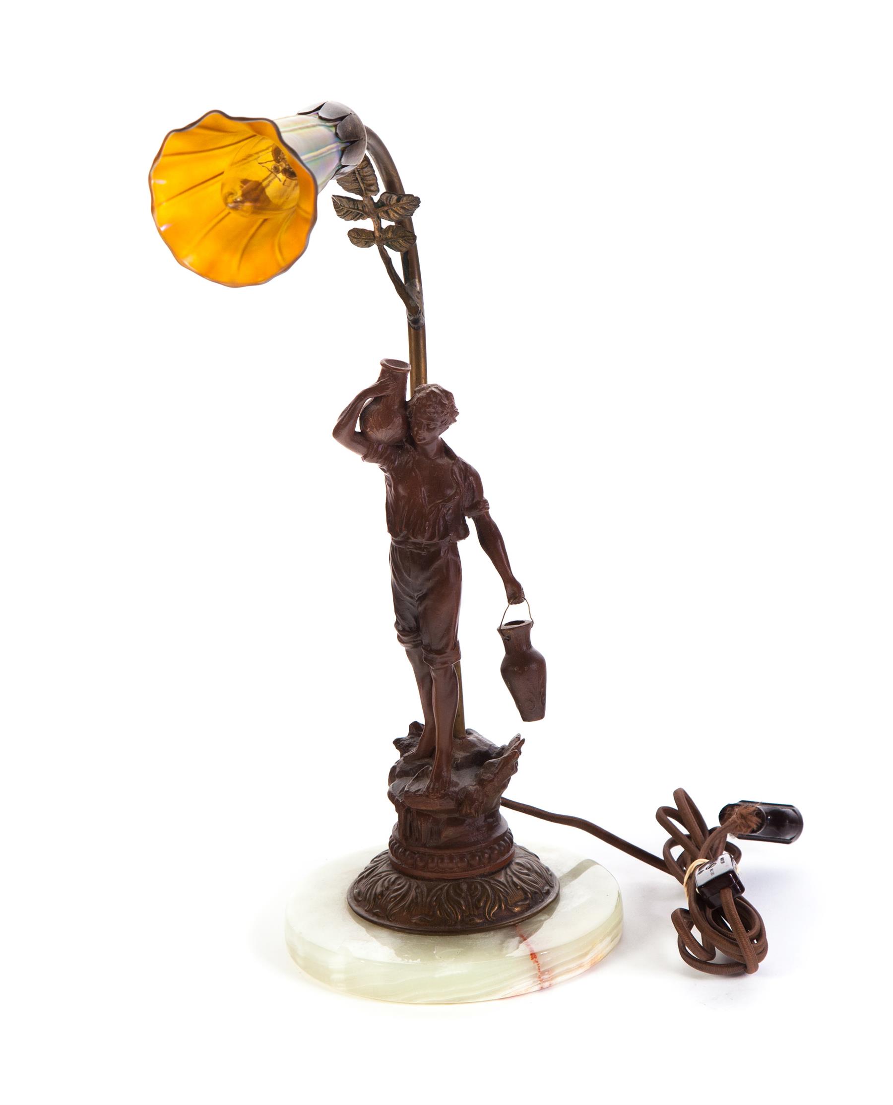 Appraisal: FIGURAL TABLE LAMP WITH IRIDIZED TRUMPET SHADE Twentieth century Foliage