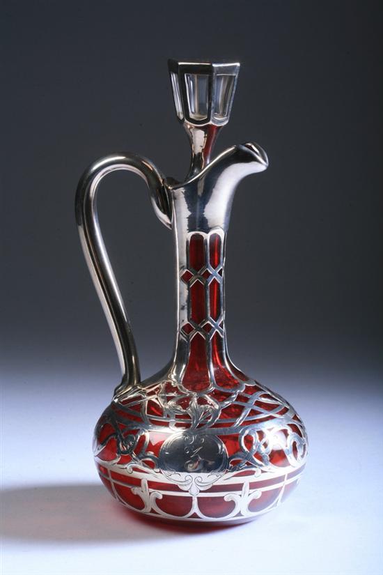 Appraisal: AMERICAN STERLING SILVER OVERLAY RUBY GLASS EWER First quarter th