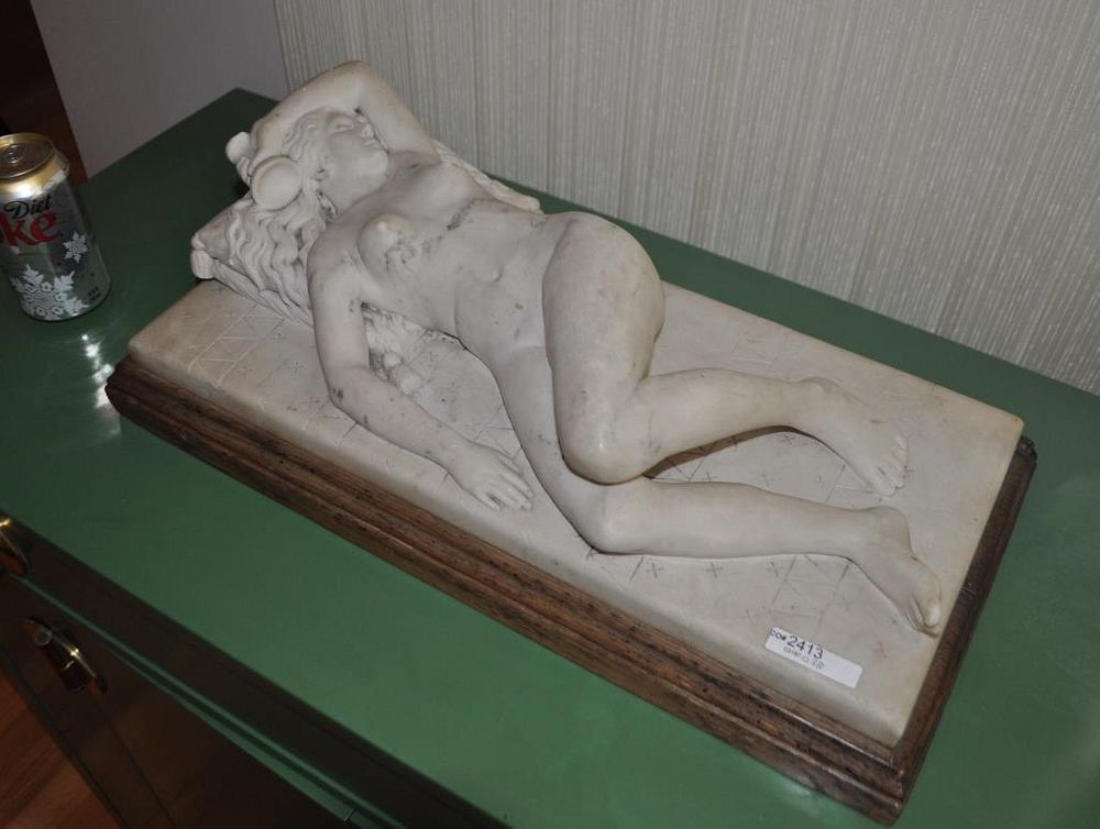 Appraisal: Paul Lefeux Carved Marble Nude Sculpture sleeping bacchante on a